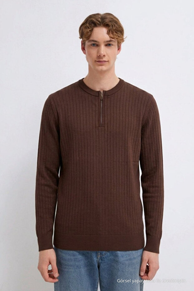 Men's Striped Zippered Brown Knitwear Winter Sweater