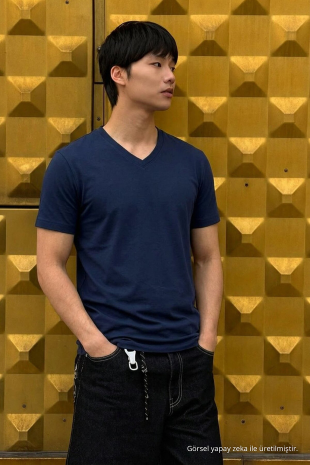 Men's Comfort Short Sleeve Navy Blue V-Neck T-Shirt