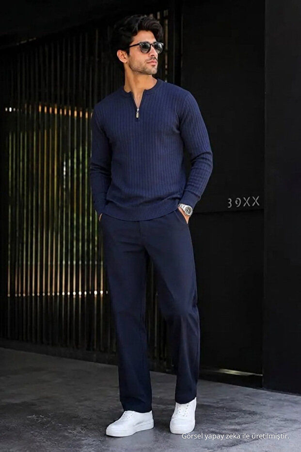 Men's Premium Knitwear Striped Navy Blue Winter Sweater