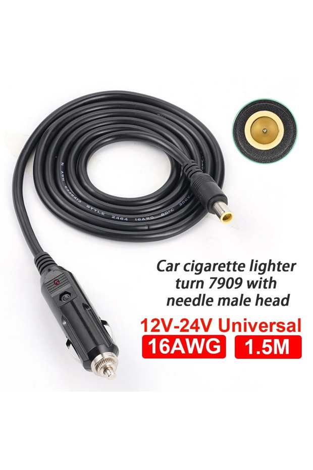 1.5 m 7909 16AWG DC5521/7909 Universal 12V-24V Male Cigarette Lighter Plug Cable Connection Line Wit