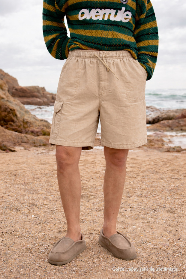 Men's Low Waist Premium Cargo Pocket Beige Linen Shorts