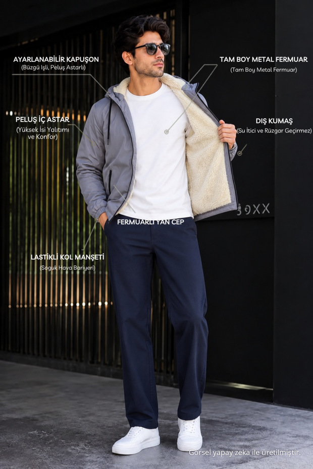 Men's Trend Gray Zippered Plush Lined Raincoat