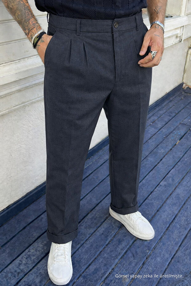 Men's High Waist Regular Fit Smoked Fabric Trousers