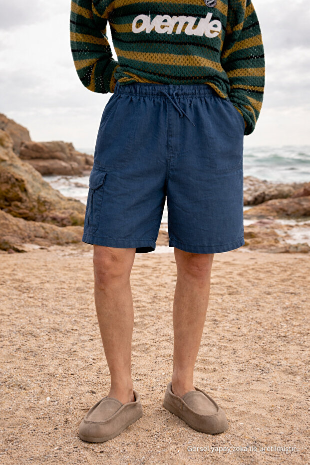 Men's Low Waist Premium Cargo Pocket Navy Blue Linen Shorts
