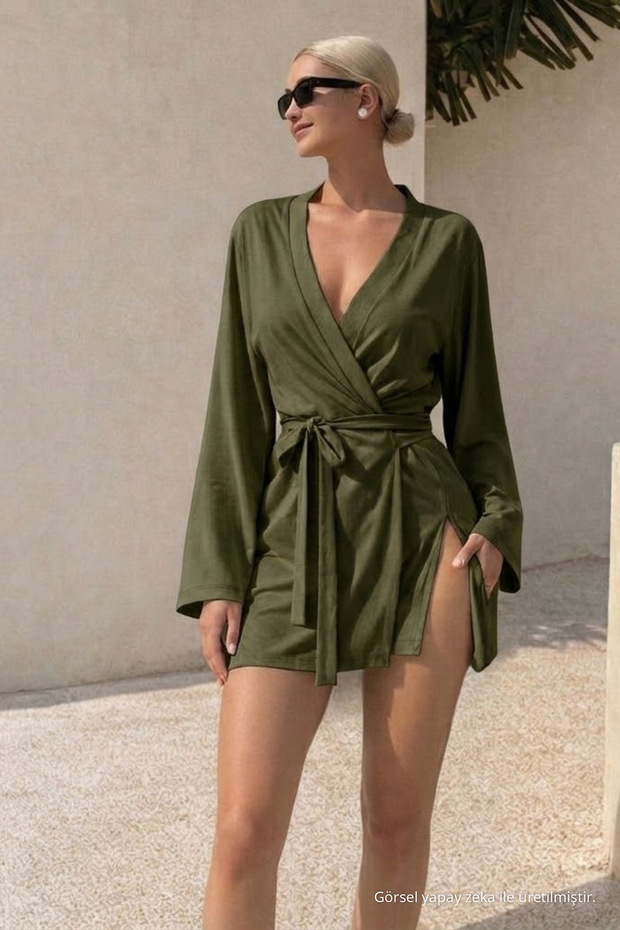Women's Soft V-Neck Belted Khaki Kimono