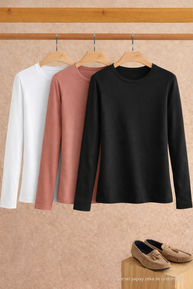 Women's Cotton Crew Neck Slim Fit 3-Piece Blouse