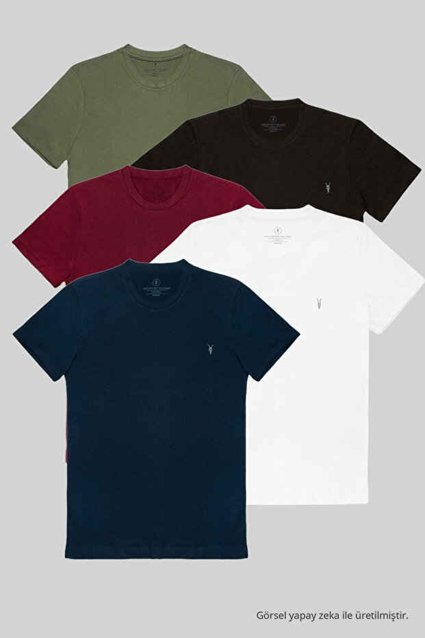 Men's Khaki-Black-Burgundy-White-Navy Blue 100% Cotton 5-Piece T-Shirt