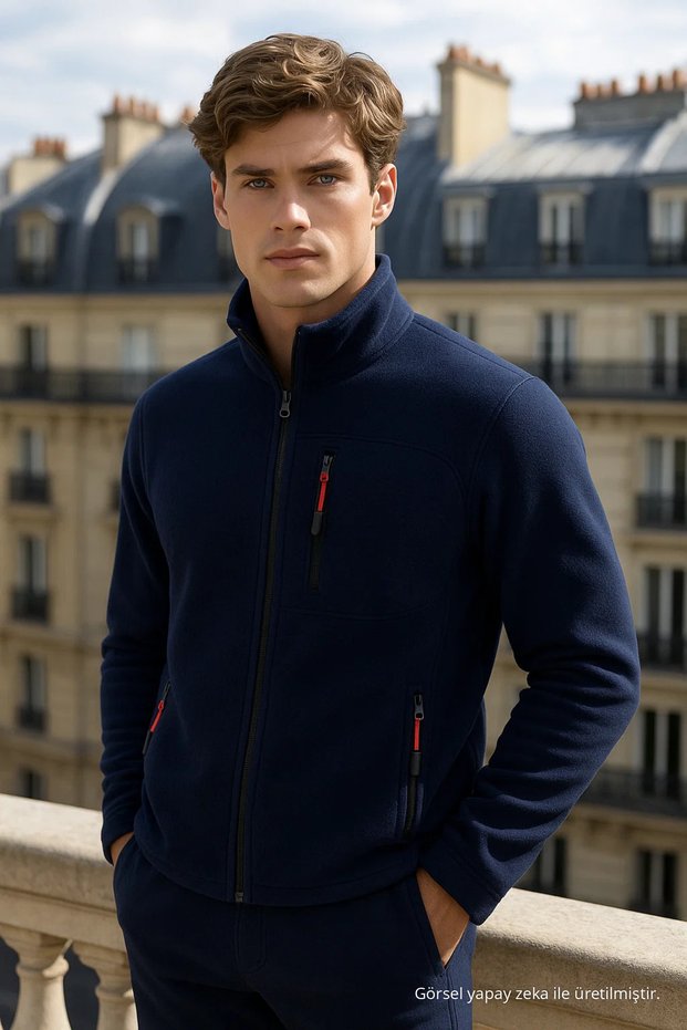 Men's Zippered Basic Navy Blue Loose Fleece