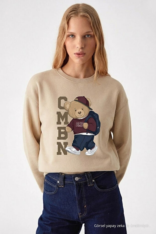 Women's Cmbn Teddy Bear Printed Cream Sweatshirt