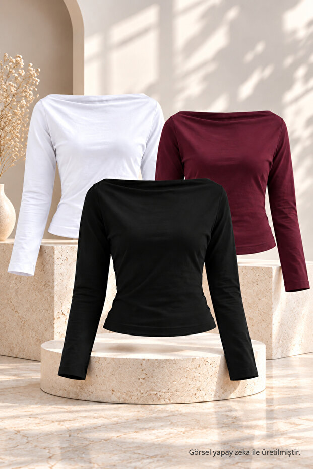 Women's Boat Neck Basic Slim Blouse 3-Piece Set