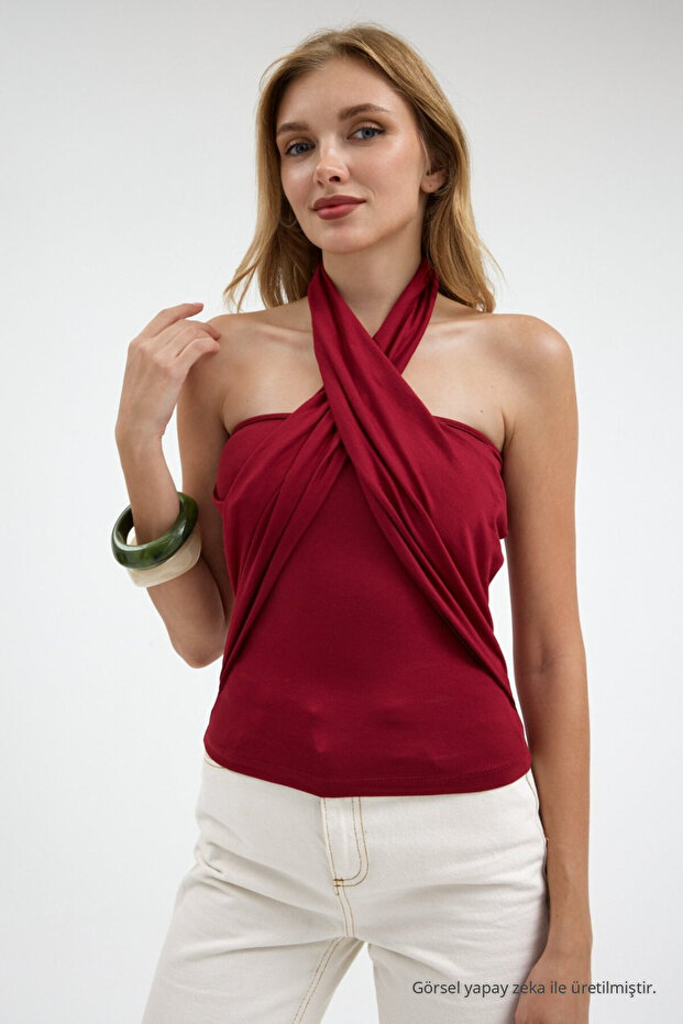 Women's Cross-Strapped Low-Cut Burgundy Blouse