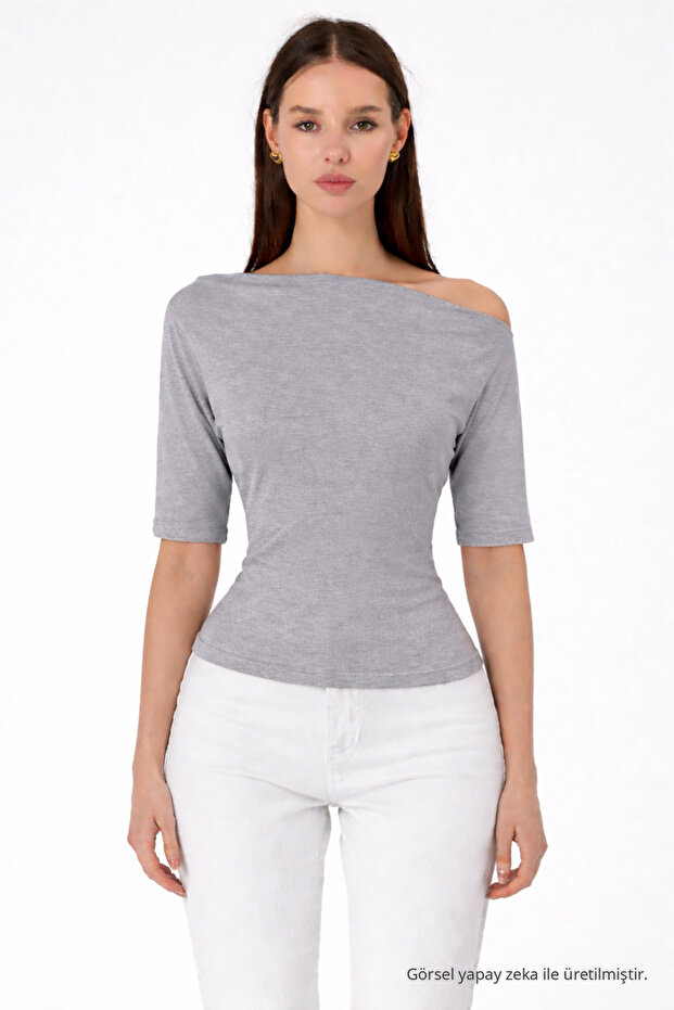 Women's Off-Shoulder Short Sleeve Gray Slim Blouse