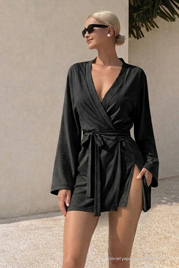 Women's Soft V-Neck Belted Black Kimono