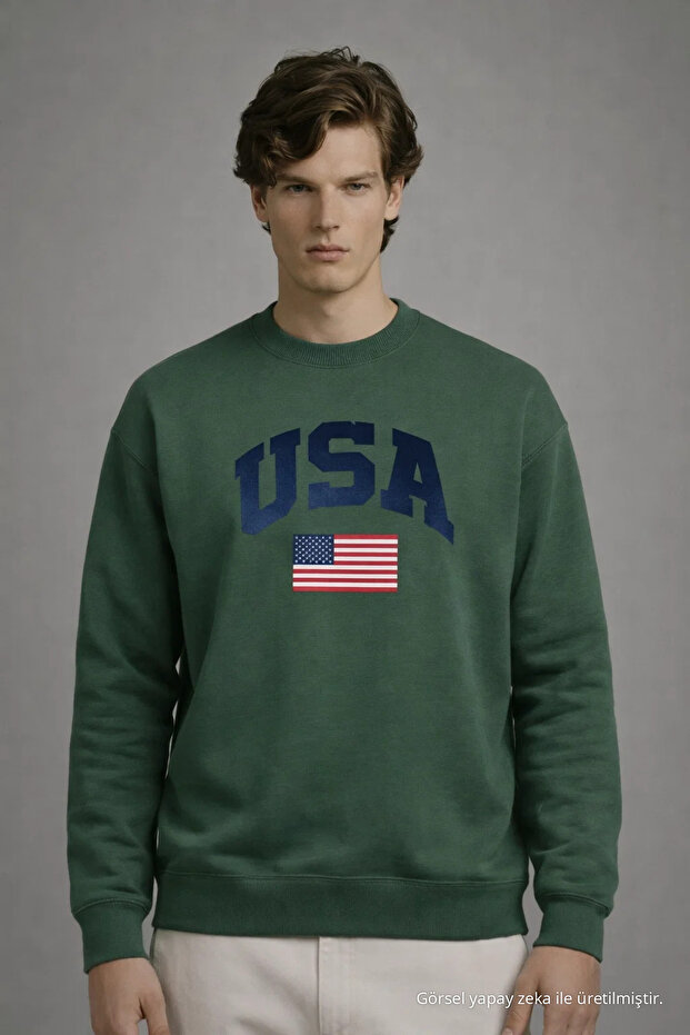 Men's America Printed Loose Fit Red Green Sweatshirt