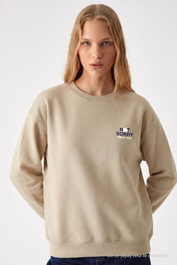 Women's Sorry Chest Printed Cream Sweatshirt