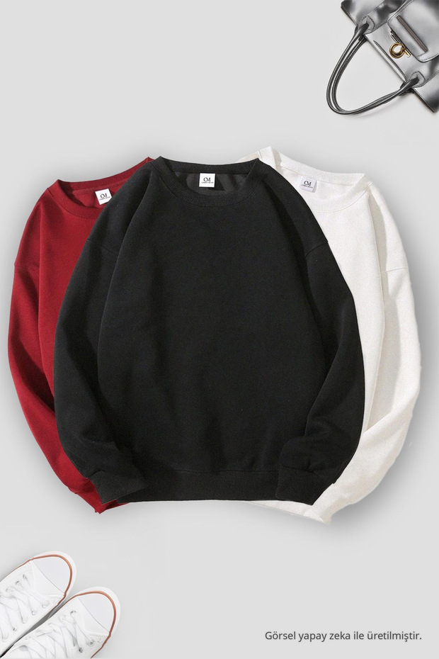 Unisex 3-Piece Black White Claret Red Crew Neck Oversize Sweatshirt Pack