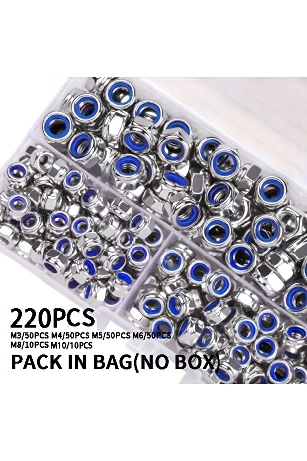 220PcsBag Anti-Loosening Hex Nuts M3-M10 40/42/200/220pcs Non-Slip Locking Fasteners for Industrial