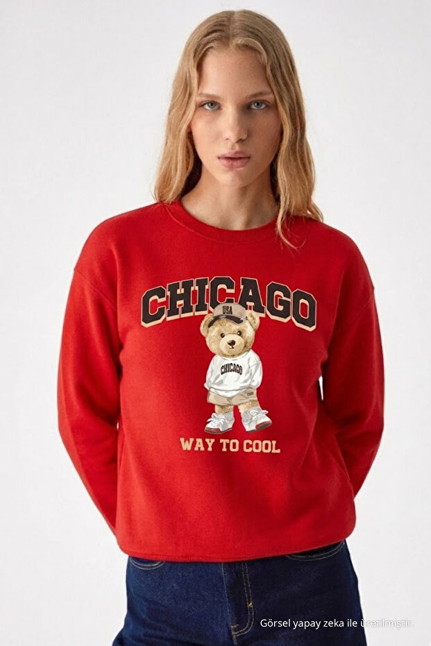 Women's Chiacago Bear Print Red Sweatshirt