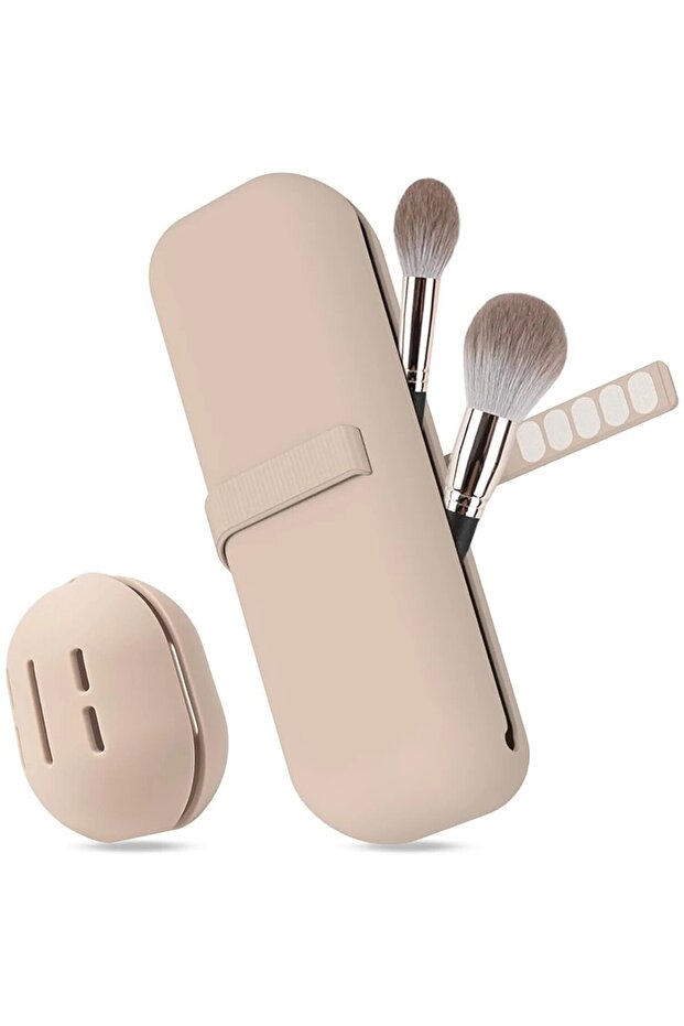 Khaki Travel Makeup Brush Holder, Silicone Cosmetic Brushes Bag, Makeup Sponge Case Portable Waterpr