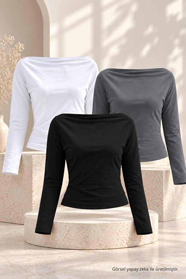 Women's Boat Neck Basic Slim Blouse 3-Piece Set