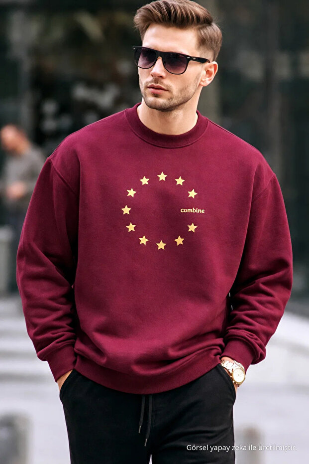 Men's Star Printed Loose Burgundy Sweatshirt