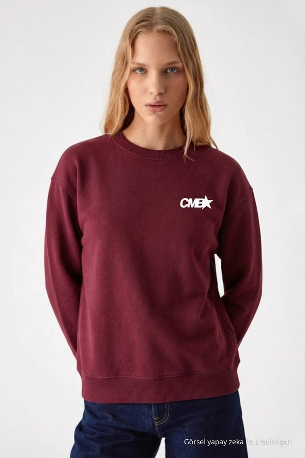 Women's Cmb Text Printed Burgundy Loose Sweatshirt