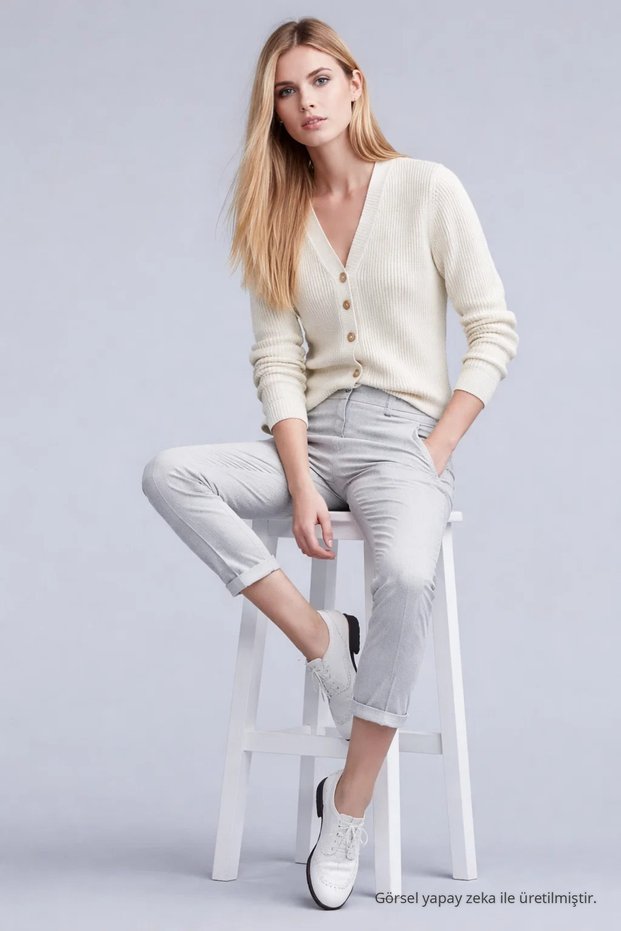 Women's Winter Comfortable V-Neck Ecru Knitwear Sweater