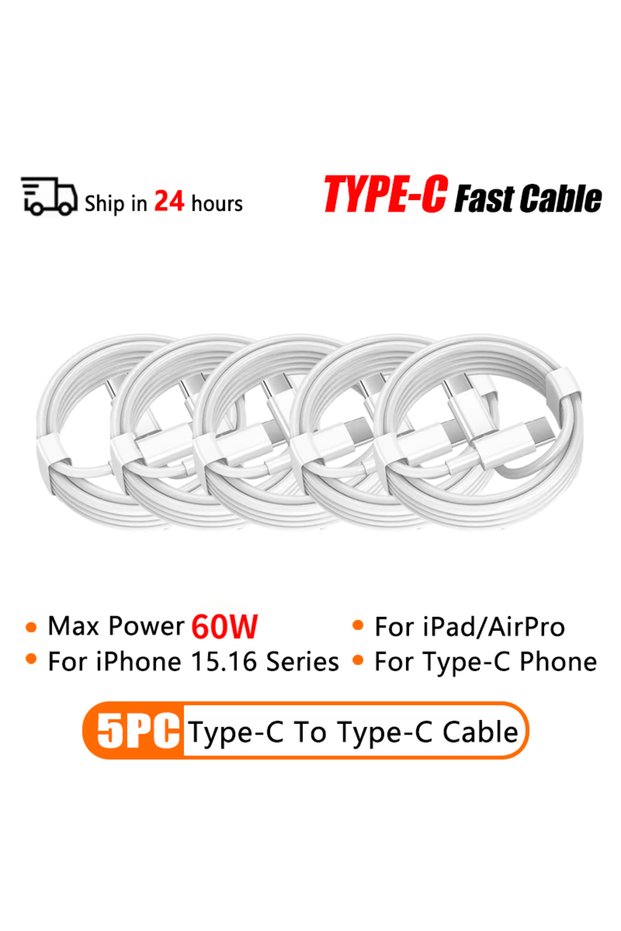 1m TypeC-60W-Cable-5PC PD 60W USB C to Type C Fast Charging Cable for iPhone 11 13 14 15 16 Pro Max