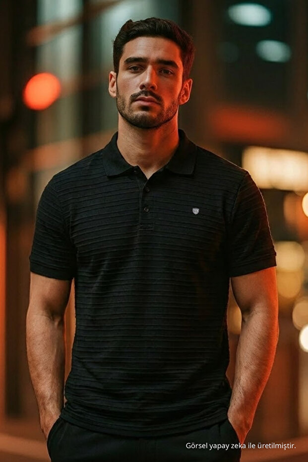 Men's Short Sleeve Black Loose Polo Collar T-Shirt
