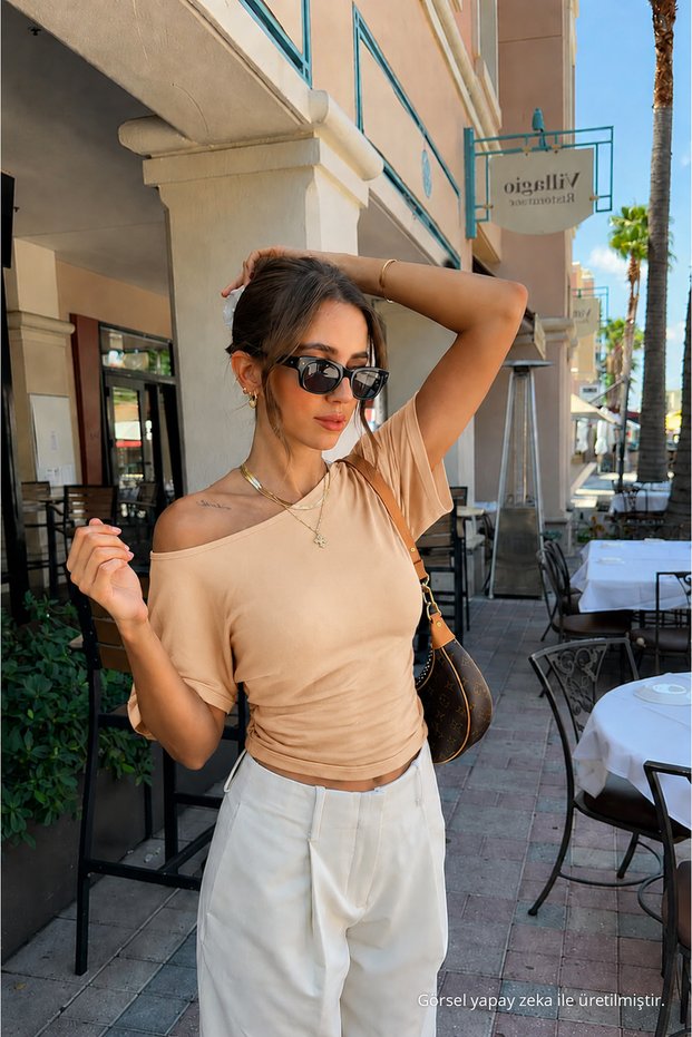Women's Beige Blouse with Shoulder Detail and Boat Neckline