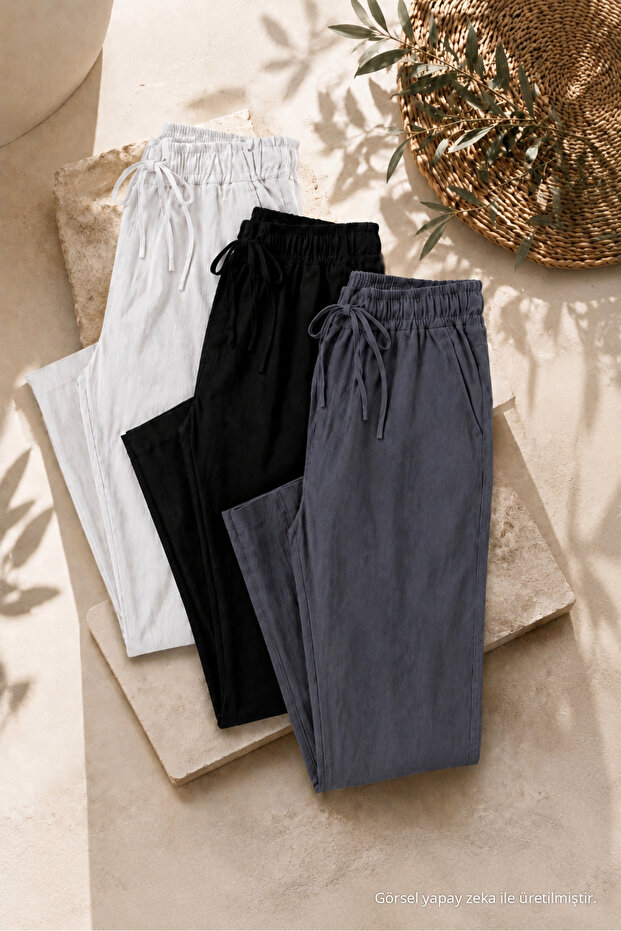 Men's 3-Piece Loose Linen Trousers with Elastic Waist