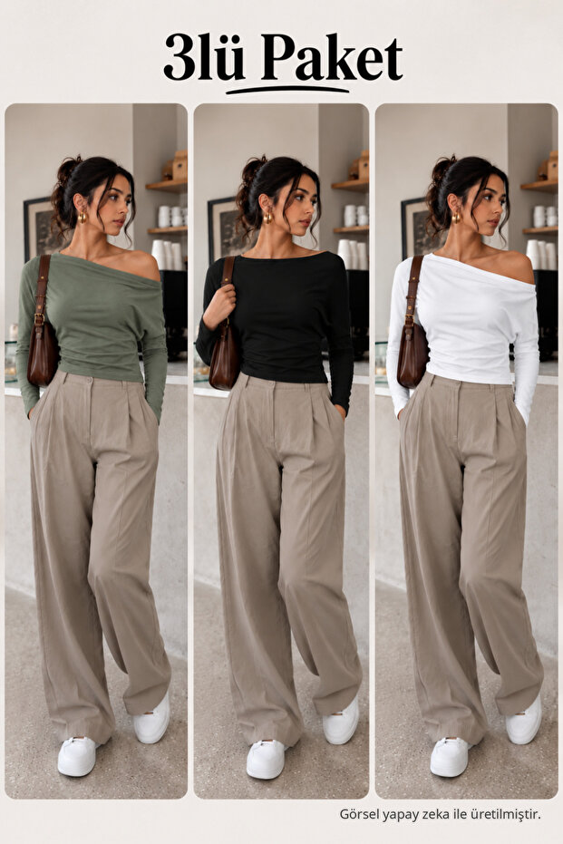 Women's Boat Neck Basic Slim Blouse 3-Piece