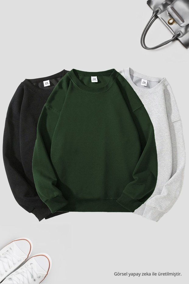 Unisex 3-Piece Black Dark Green Grimelange Crew Neck Oversize Sweatshirt Pack