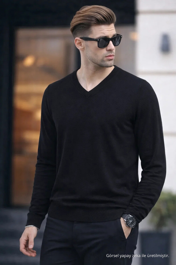 Men's Premium Black V-Neck Knit Sweater