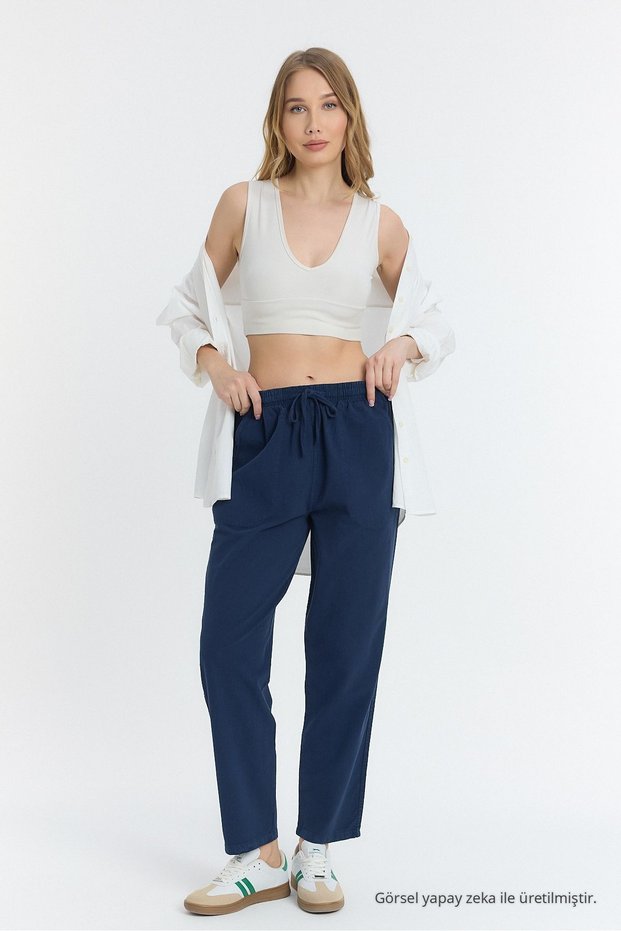Linen Blended Loose Fitting Navy Blue Trousers