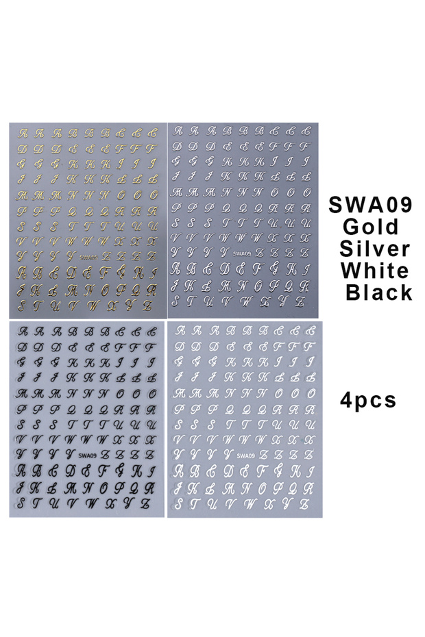 SWA09 4pcs 4pcs Roman Letter Nail Stickers Golden Silver Black White Alphabet Design Self Adhesive D
