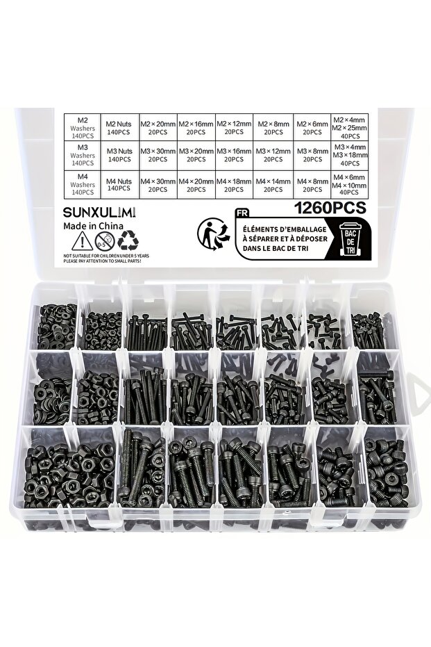 1260pcs Metric Bolt Assortment - M2 M3 M4, 21 Sizes 4MM To 30MM 12.9 Alloy Steel Bolts And Nuts Kit