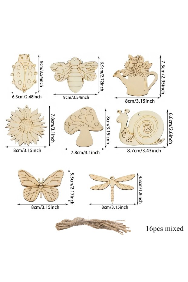 16pcs mixed 16pcs/set Spring Flower Wooden Ornament Cartoon Unpainted Butterly/Insect/Flower Hanging