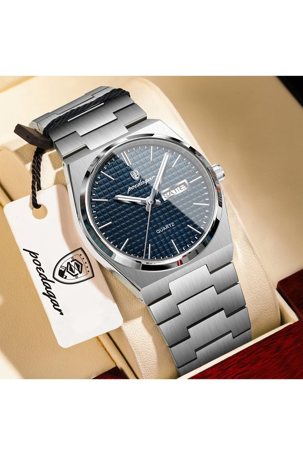821 Silver Blue POEDAGAR Top Business Man Watch Luminous Waterproof Stainless Steel Men Wristwatch D