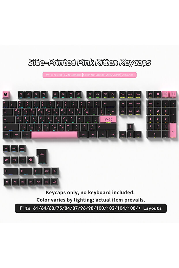 Korean Black Pink Cat Korean Keycaps Side Printed Translucent Keycap Cherry Profile Gaming Mechanica