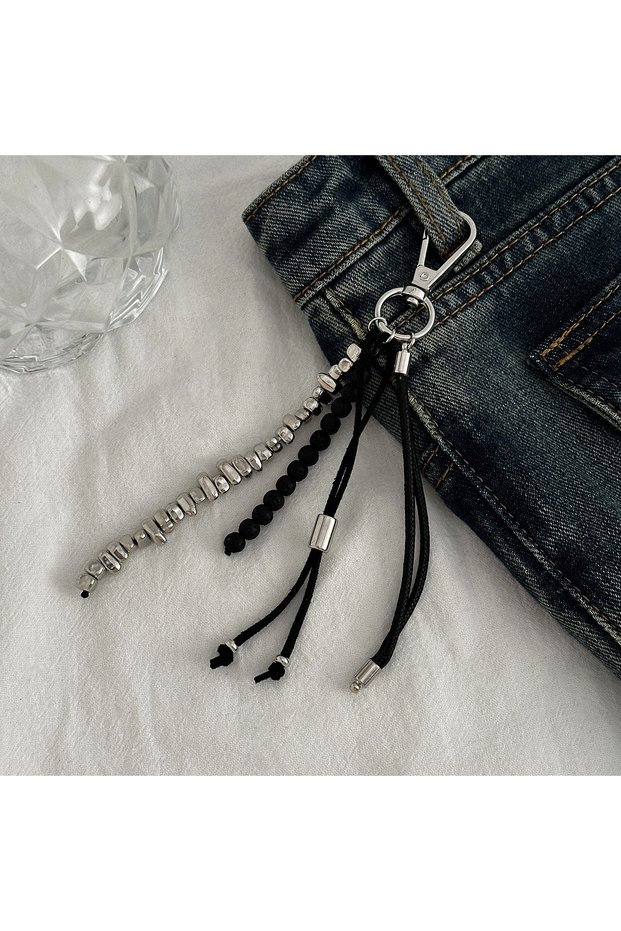 01 Black Volcanic Stone Keychain Irregular Beaded Tassel Rope Pants Bag Hanging Decoration