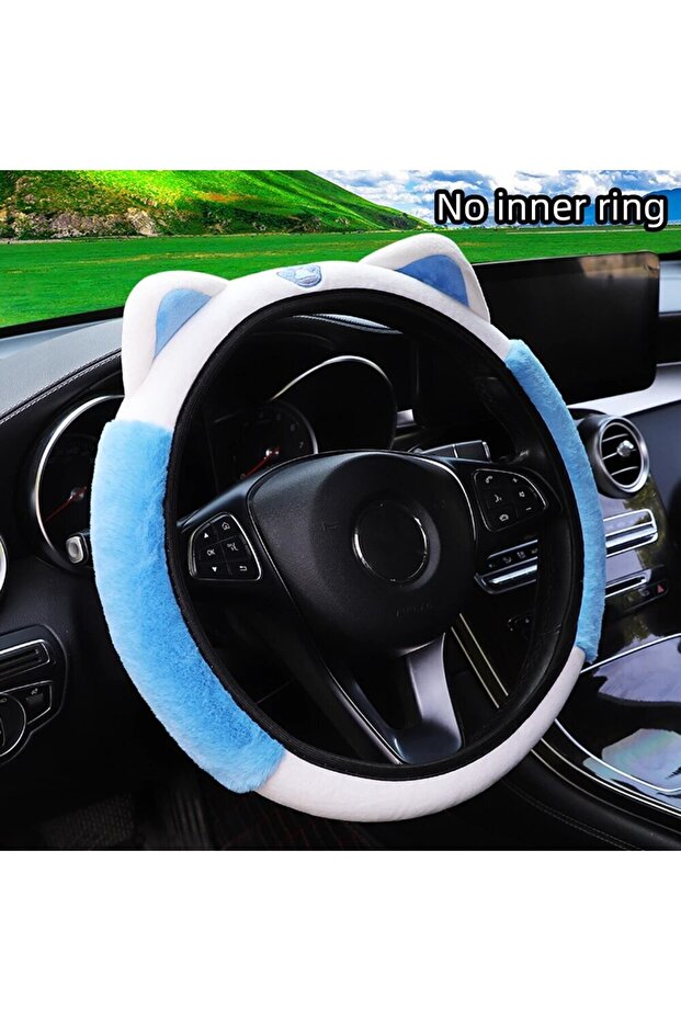 Blue Cute Cartoon Plush Kitten Warm Car without Inner Ring Steering Wheel Cover Car Accessories Suit