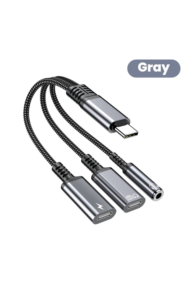 Gray 3-in-1 Audio Adapter Type C to 3.5mm Aux + Type C Audio + Type C Fast Charging Port Audio Cable