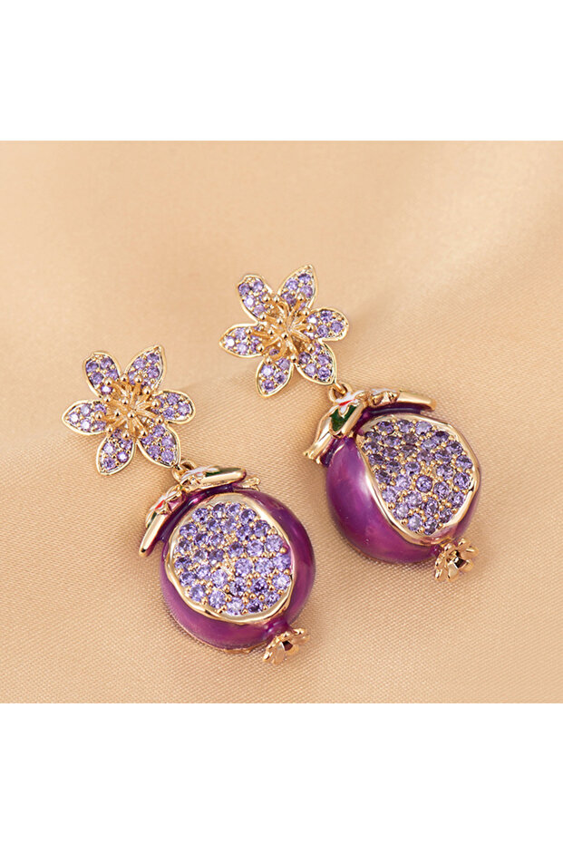 PURPLE High-End Fruit Style Earrings Creative Design Light Luxury Zircon Inlaid Pomegranate Oil Drop