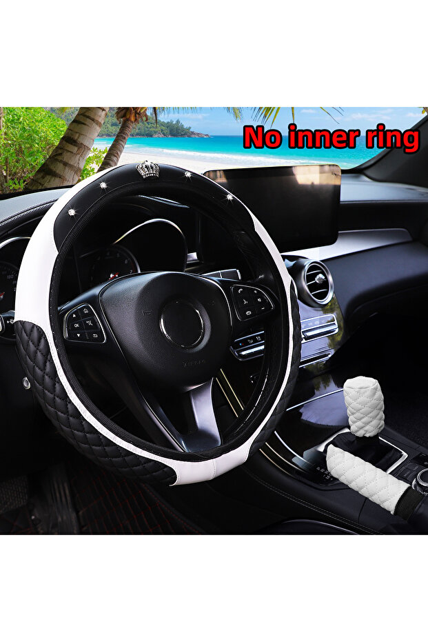 WHITE 3Pcs PU leather crown with diamond inlays for car without inner ring steering wheel cover, gea