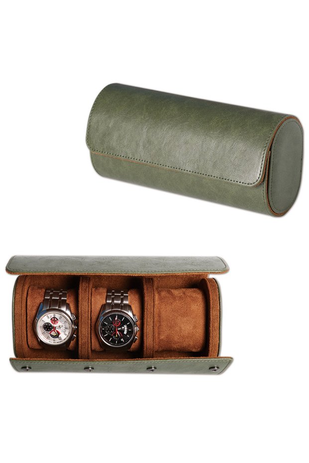 3 Slot Green Watch Roll Travel Case 1/2/3-Slot Portable Vintage Leather Watch Display Case Storage B