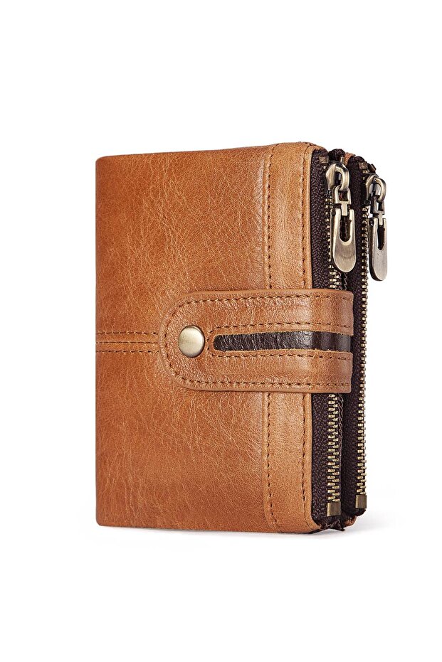 brown HUMERPAUL 100% Genuine Leather Mens Casual Wallet RFID Blocking Holder with Zipper