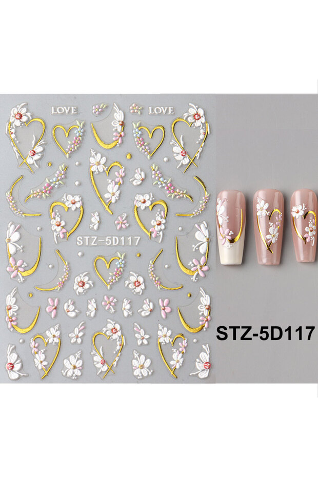 STZ-5D117 Embossed Floral Gold Line Sliders Spring White Flowers Nail Stickers DIY Simple Petals Wed