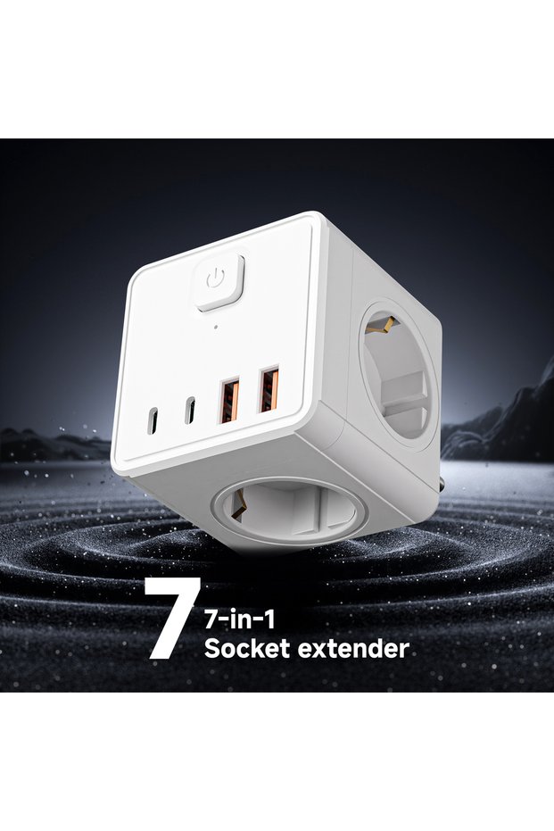 EU Plug white 7-in-1 Square Power Strip with 3 AC Sockets, 2 USB Ports, 2 Type-C Ports, and 1 Main S