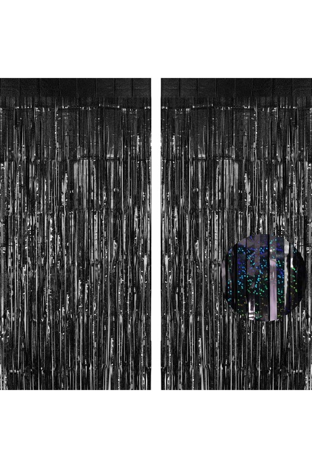 black 2Pcs Party Backdrop Curtains Metallic Foil Tinsel Curtain Glitter Foil Fringe Curtain Birthday